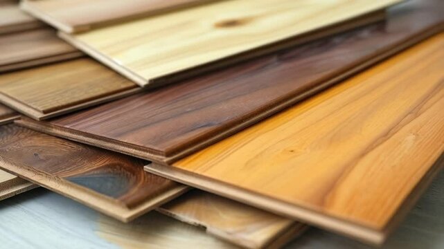 Piled wooden flooring samples, showing a range of colors from light to dark wood grains