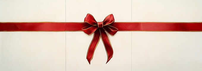 Red ribbon with gold edge tied in a bow on white background.