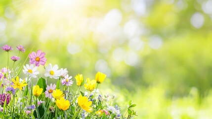 Colorful Wildflowers Blooming in a Sunlit Field with Soft Green Background