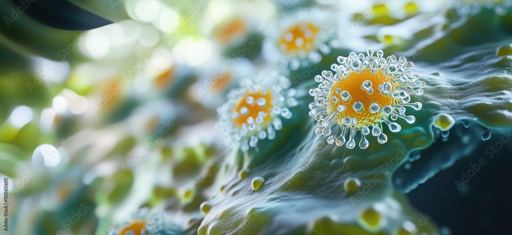 Poster microscopic view of virus particles interacting with host cells, showcasing intricate details of vir