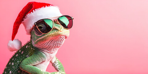 Fototapeta premium Festive Chameleon in Sunglasses and Santa Hat on Pink Background - Creative Holiday Imagery