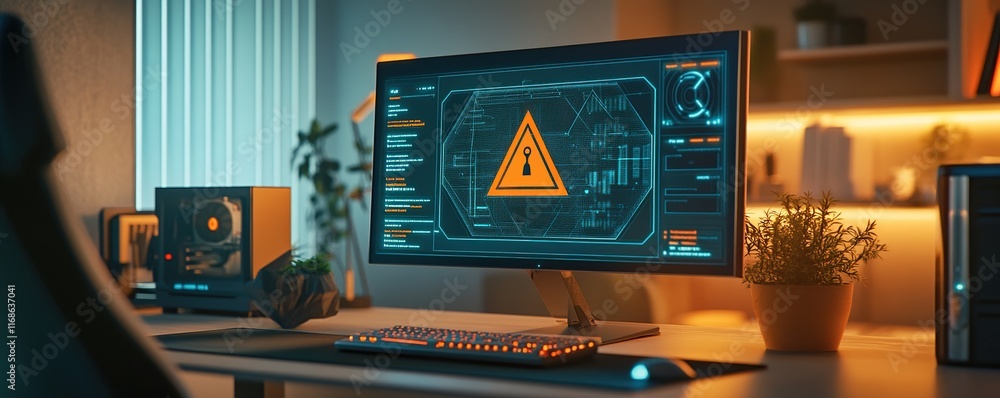 Poster cybersecurity alert: system breach warning on computer screen