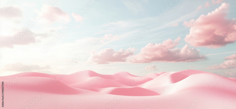 Poster surreal pink landscape with soft undulating hills and fluffy clouds under a bright sky, copy space f
