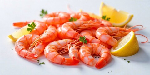 Cooked king prawns. Shrimps with lemon and parsley on a white background