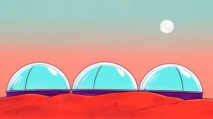 Vibrant Digital Illustration: Futuristic Domes Gleaming on a Martian Landscape at Sunset. AI Generated