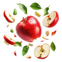 Ripe red apple, slices, and leaves on white.