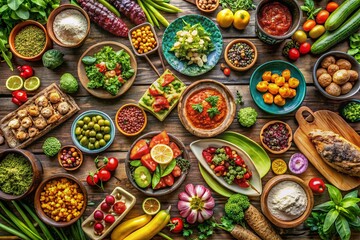 Fototapeta premium Aerial View of Abundant Food, Delicious Feast, Overhead Shot of Colorful Dishes, Culinary Delights from Above, Gourmet Food Photography