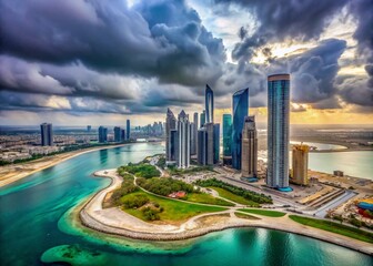 Naklejka premium Aerial View of Al Reem Island Development, Abu Dhabi - Cloudy Day