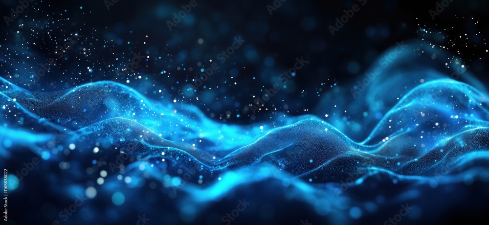 Poster abstract blue waves with glowing particles creating a mesmerizing digital landscape, showcasing dept