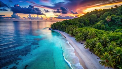 Aerial view: low light paints a heavenly beach, paradise island's seascape serene.