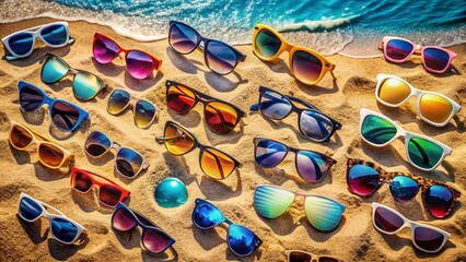Aerial View of Assorted Sunglasses Displayed on a Beach, Summer Fashion Accessories