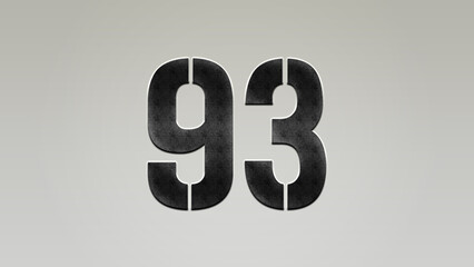 3D Bold metal number 93 on silver background.	