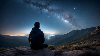 A Person Gazing at a Starry Sky, Contemplating Under the Moonlight