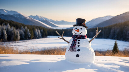 Obraz premium A Snowman in a Winter Wonderland Background with Snowy Scenery