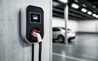 A sleek electric vehicle charger mounted on a wall in a modern parking garage, ready to power up an EV.
