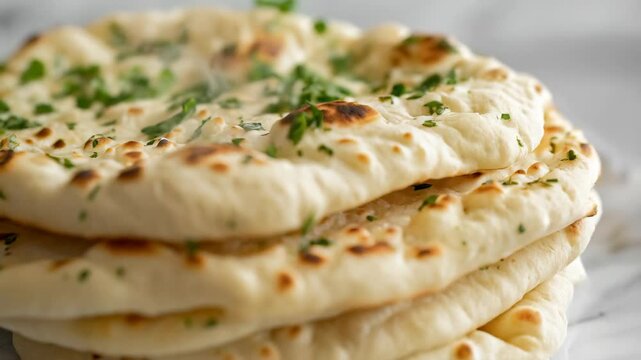Stack of freshly made naan bread sprinkled with cilantro, showcasing a soft and fluffy texture