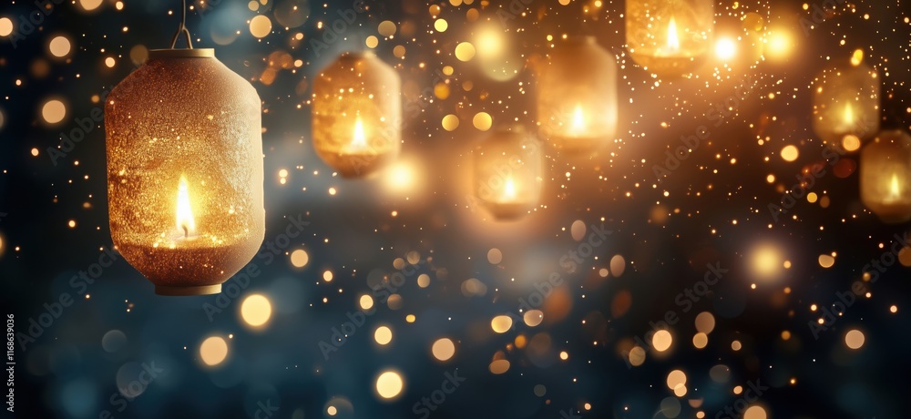Poster glowing lanterns with warm light and sparkling bokeh background creating enchanting atmosphere, copy