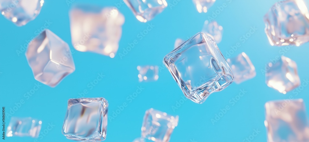 Poster floating ice cubes in clear blue background, showcasing transparency and reflections, creating a ref