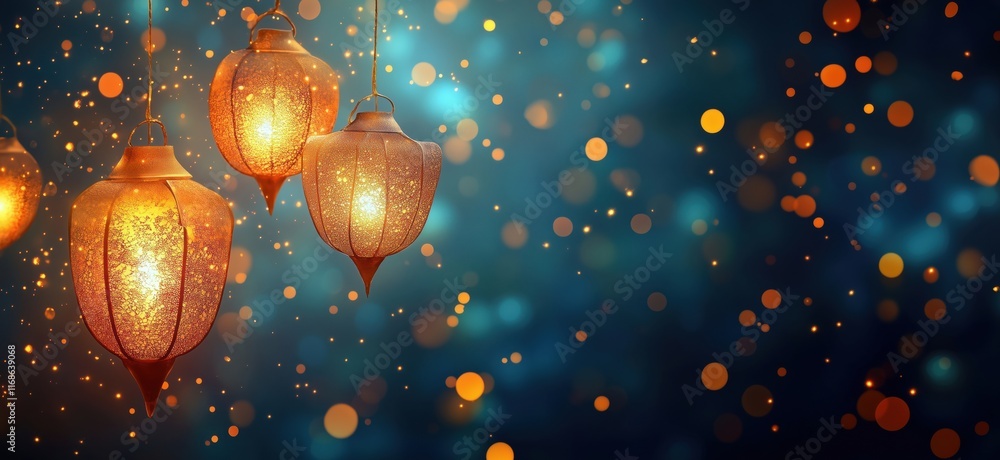 Poster hanging lanterns glowing softly in a dreamy bokeh background, creating a warm and enchanting atmosph