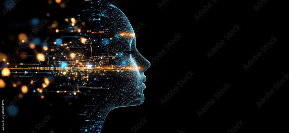 Poster digital human face silhouette with glowing data streams and particles representing artificial intell