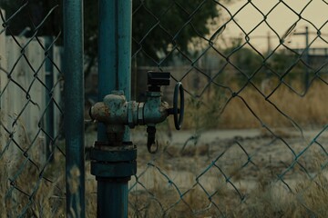 Rusty Valve on Chain Link Fence Against Dry Grass Under Dusk Sky Atmosphere