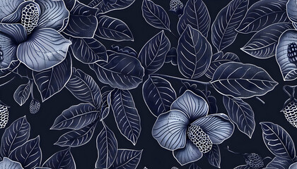 Navy Blue Floral Illustration Seamless Pattern