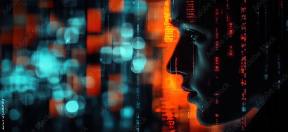 Poster Digital silhouette of a person against a backdrop of glowing binary code and abstract data streams, representing technology and information processing, copy space for text