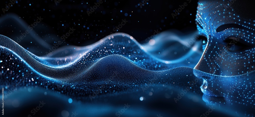 Poster digital face with glowing blue particles and waves, representing technology and artificial intellige