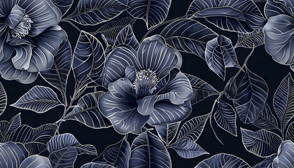 Dark Blue Floral Illustration Seamless Pattern