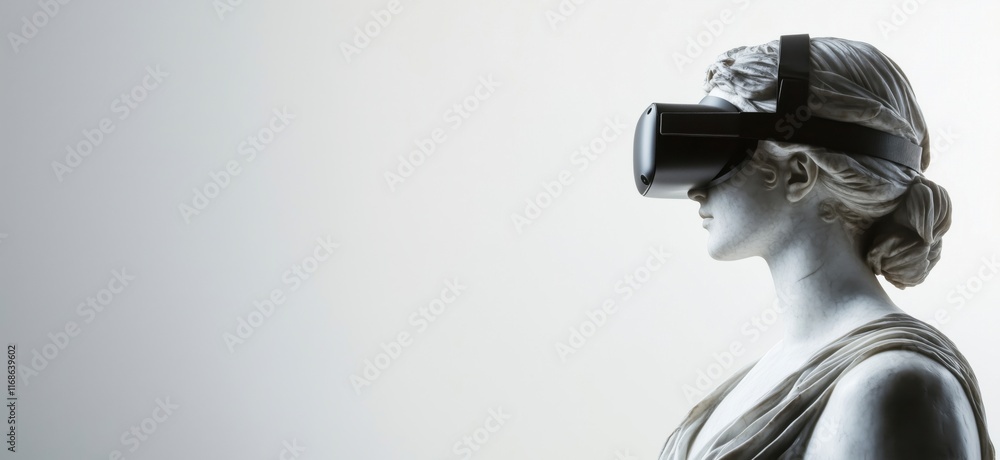 Poster virtual reality headset on classical statue blending technology and art, symbolizing future of digit