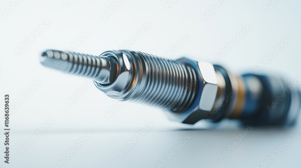 Poster a close-up of a metallic spark plug, showcasing its detailed structure and design.