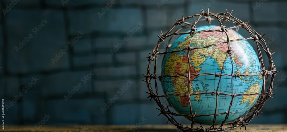 Aufkleber globe enclosed in barbed wire symbolizing global issues and restrictions, highlighting geography and
