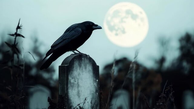 Raven on gravestone with full moon at night. Horror and Halloween content