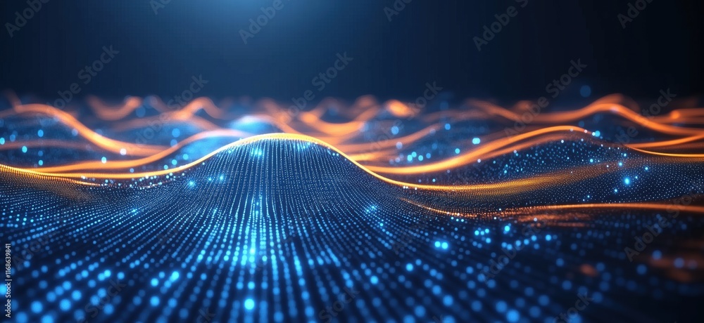 Poster digital landscape of glowing waves with blue and orange lights, representing data flow and technolog