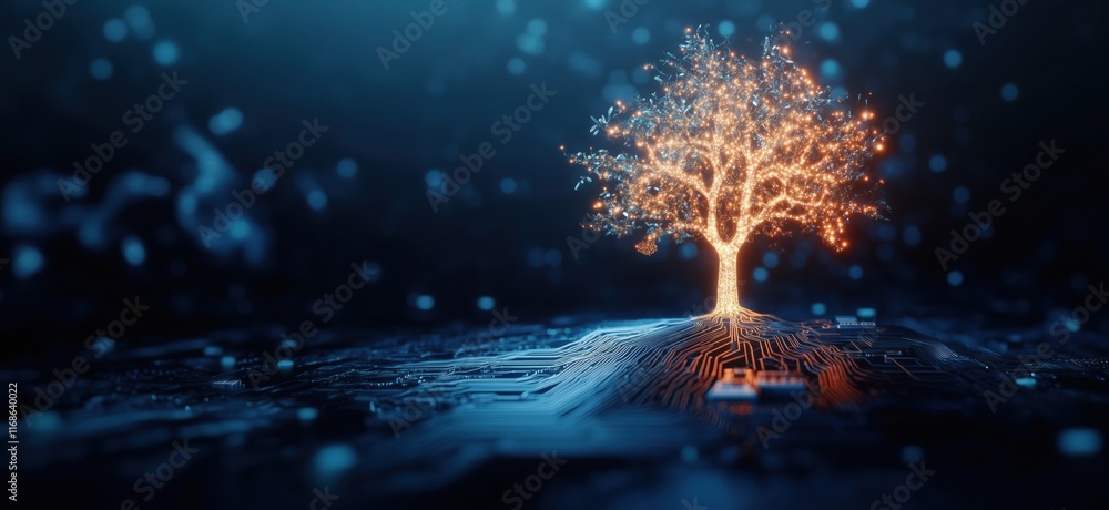 Poster illuminated tree symbolizing growth and technology, glowing branches emerging from circuit board, re
