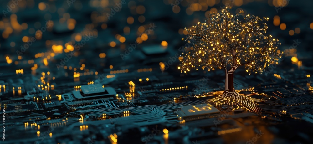 Poster digital tree growing from circuit board, illuminated with glowing lights, symbolizing technology and