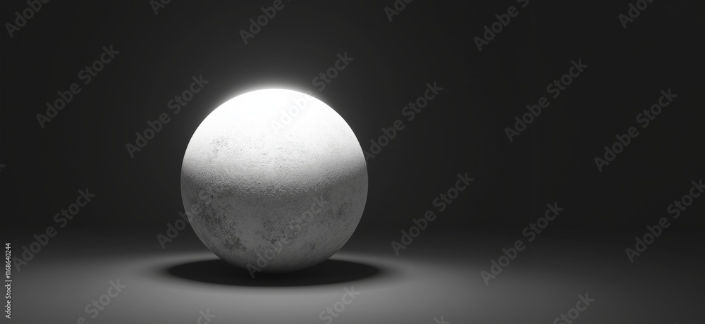 Poster minimalist white sphere illuminated from behind, showcasing smooth texture and soft shadows in dark 