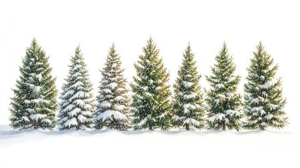 Obraz premium Row of snow covered fir trees isolated on white.