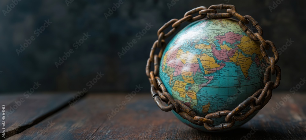 Poster globe enclosed in rusty chain symbolizing global issues and restrictions, highlighting environmental