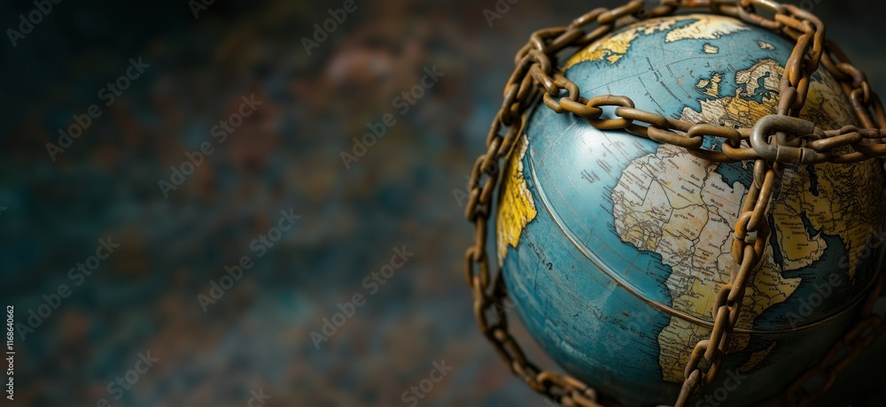 Poster globe enclosed in chains symbolizing global restrictions and boundaries, highlighting geopolitical i