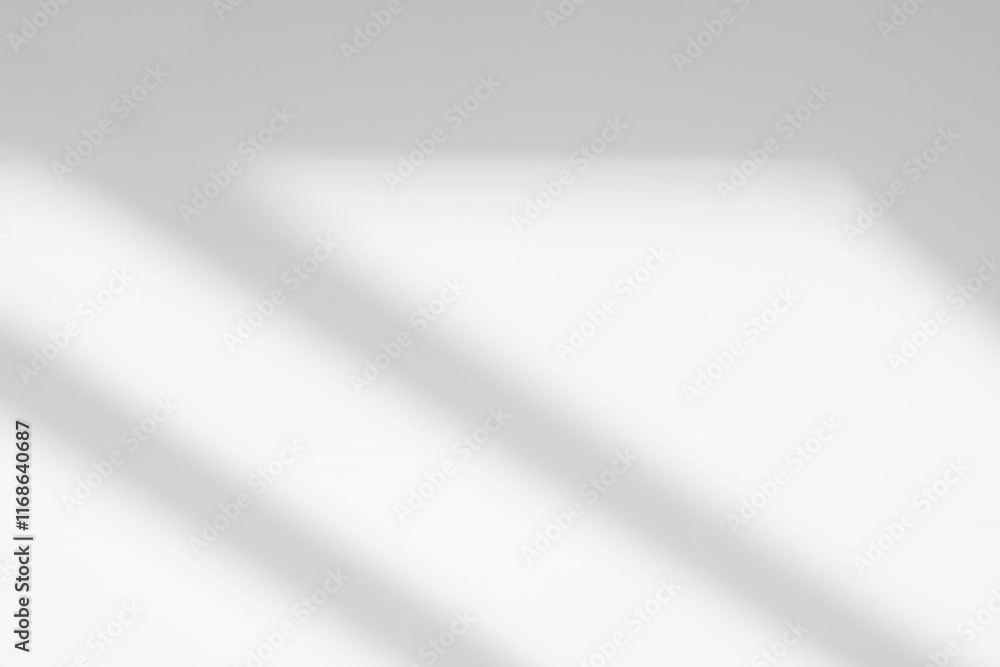 Poster Abstract light reflection and grey shadow from window on white wall background. Gray stripe window shadows and sunshine diagonal geometric overlay effect for backdrop and mockup design
