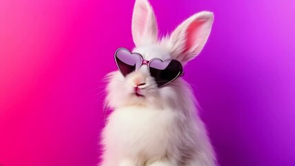 White rabbit wearing heart shaped sunglasses on pink gradient background. Social media and funny content content - Powered by Adobe