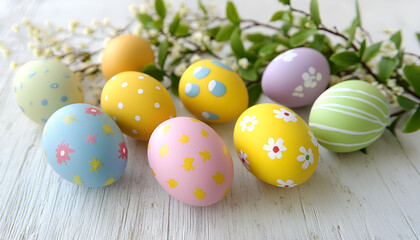 colorful easter eggs and chocolate eggs on white wooden table