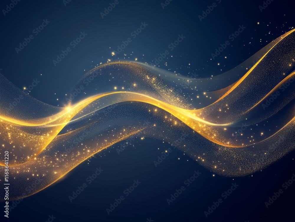 Poster golden particles are flowing on blue background creating an abstract design