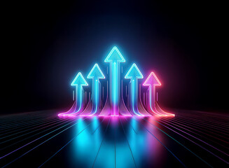 Fototapeta premium Five vibrant neon arrows ascend, glowing brightly against a dark, reflective floor. Their upward trajectory symbolizes growth and progress. The vibrant colors create a dynamic, futuristic feel.
