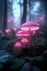 A magical forest with luminous mushrooms and plants that glow in the dark purple