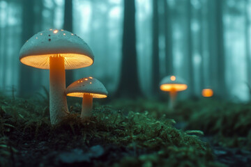 A magical forest with luminous mushrooms and plants that glow in the dark yellow
