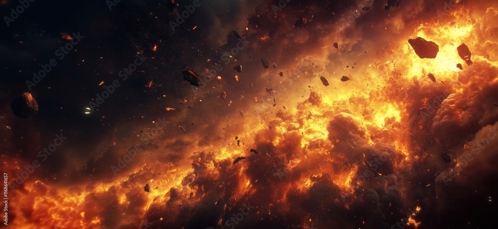 Poster cosmic explosion with fiery clouds and asteroids in space, showcasing vibrant orange and red hues ag