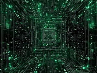 Futuristic green glowing circuit board tunnel leading to bright light