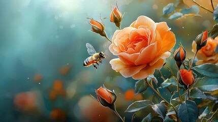 A vibrant garden full of blooming roses and buzzing bees